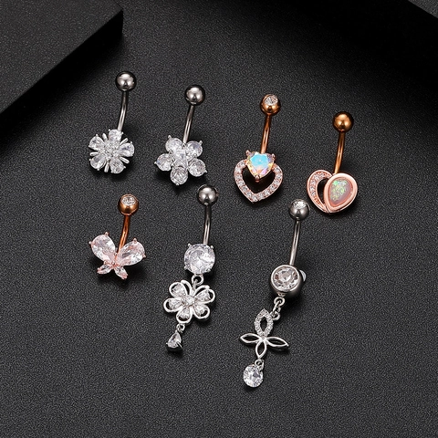 Piercing Ombelico Opale Sintetico Zircone Acciaio Inossidabile Gioielli Corpo Donna Pendente Fiore Cuore Farfalla