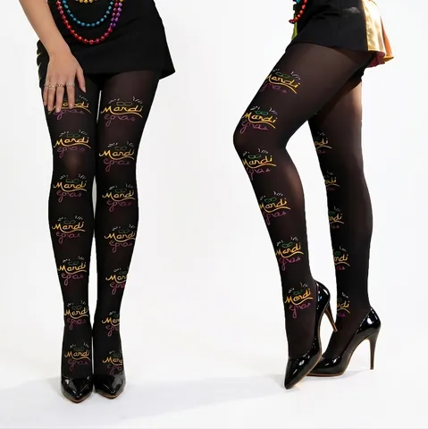 Mardi Gras Bedruckte Strumpfhose Schwarz Halbdurchsichtig Buchstaben Maskenmuster Tights Für Frauen Karneval Party Festival Sexy Strümpfe