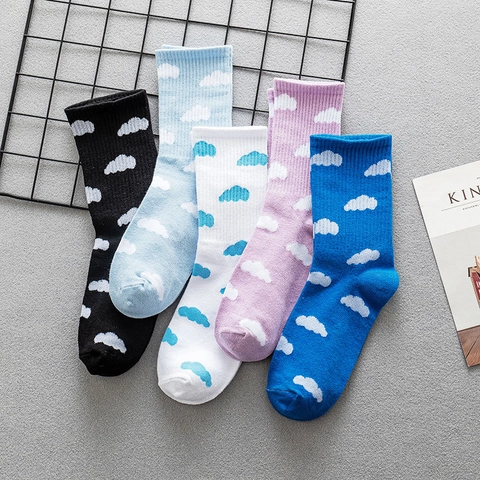 Women Crew Socks Cotton Knit Cloud Pattern Breathable Korean Style Ins Fashion Sweet Casual Footwear Accessory