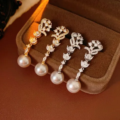 Pendientes Colgantes De Perlas Artificiales Y Flores Vintage Con Circonita Chapado En Oro Real Poste De Plata Joyería Elegante