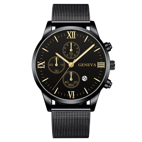 Orologio al Quarzo da Uomo di Lusso Cassa in Lega Cinturino in Maglia di Acciaio Numeri Romani Quadranti Decorativi Calendario