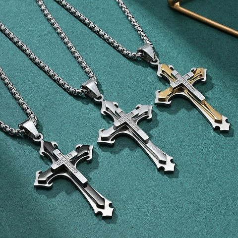 Kruis Hanger Ketting Roestvrij Staal Strass Ingelegd Meerlaags Retro Religieuze Sieraden Voor Mannen Jongens Trendy Stijl