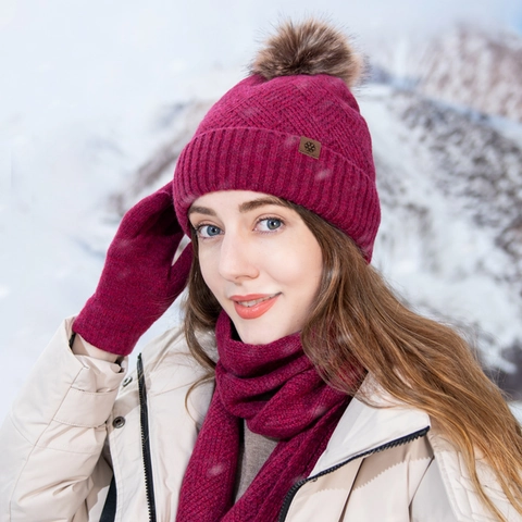 Winter Warm Knit Hat Scarf And Gloves Fleece Lined Wool Blend Touchscreen Pom Pom For Women Men Thick Outdoor