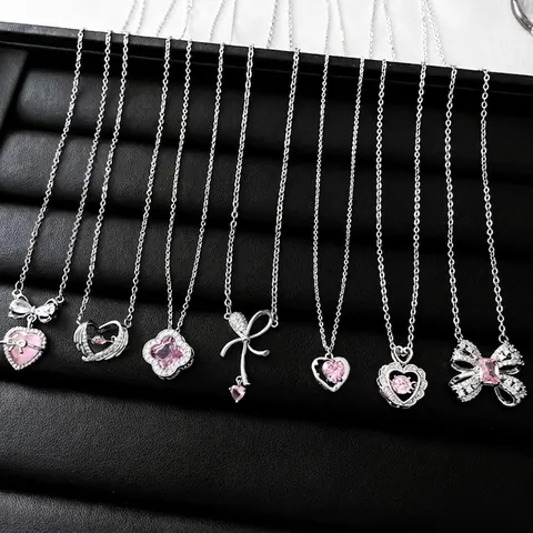 Pink Cubic Zirconia Heart Pendant Necklace Copper Bow Clavicle Chain Sweet Elegant Jewelry For Women