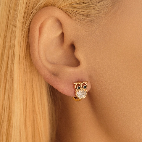 Pendientes Huggie De Búho Vintage Cobre Chapado En Oro 18K Con Circonia Y Poste De Oro 18K Joyas De Animales Para Mujeres