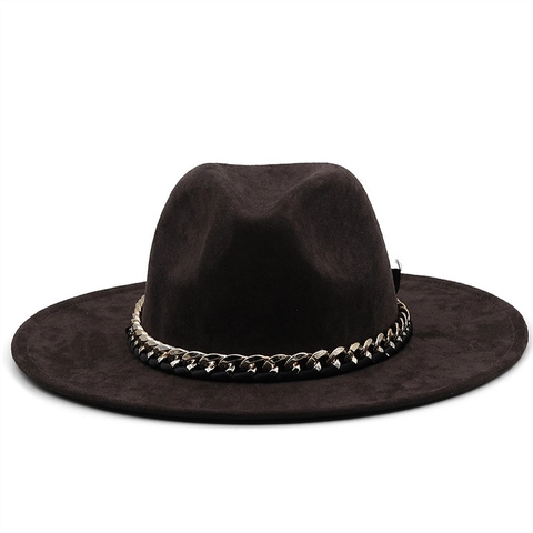 Wide Brim Fedora Hat Suede Felt Western Cowboy Style With Acrylic Chain Decoration Adjustable Sun Protection For Women Men
