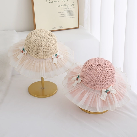 Cappello Di Paglia Estivo Per Ragazze Protezione Solare Con Tesa A Volant In Chiffon Fiocco Ciliegia Principessa Spiaggia