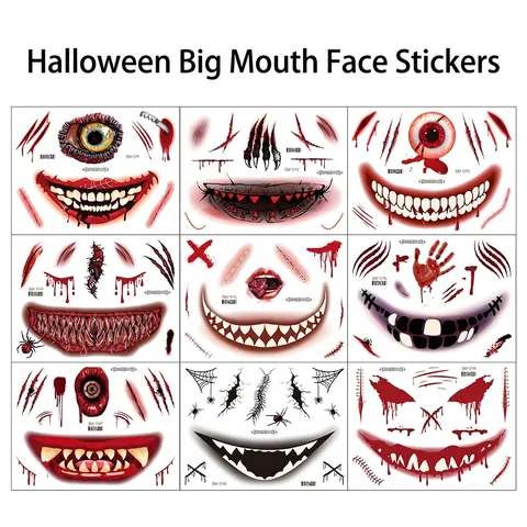 Halloween Horror Gesicht Tattoo Aufkleber Großer Mund Blutige Narben Wasserdicht Wassertransfer Make-up Requisite
