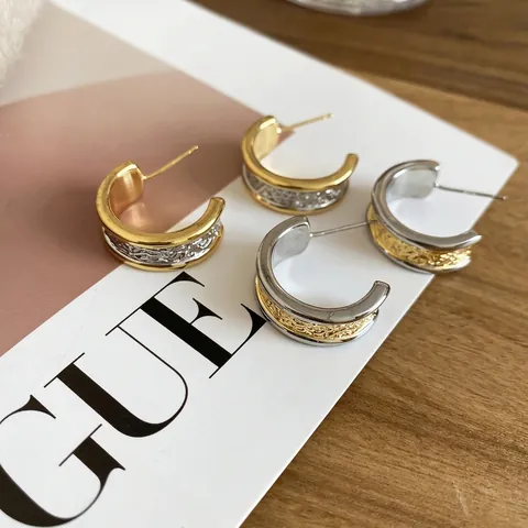 Two-Tone C-Shaped Stud Earrings 18K Gold Plated Hammered Texture Copper With 925 Sterling Silver Earring Post French Retro