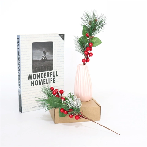 Artificial Christmas Pine Needle Branch Red Berries Snow Flocked Satin Leaves PVC Foam Iron Wire Holiday Home Table Decor