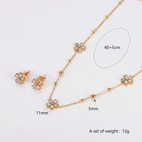 Elegantes Blumen Halskette Und Ohrringe Schmuckset 304 Edelstahl 18K Vergoldet Zirkonia Für Damen