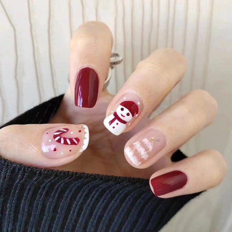 Christmas Press On Nails Short Square Fake Nails Red White Snowman Christmas Tree Detachable Holiday Manicure For Women