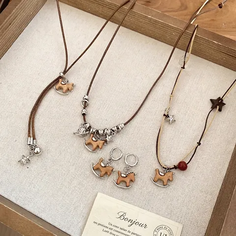 Bijoux Collier Boucles D'oreilles Cheval À Bascule Bois Cuivre Corde Cuir Avec Tige Argent 925 Style Rétro Forêt