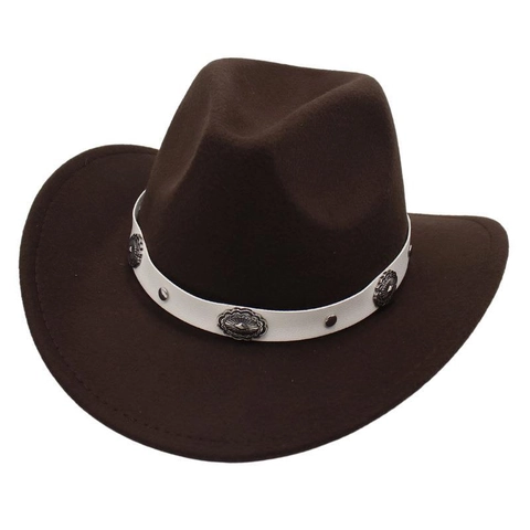 Western Cowboy Hat Wool Felt Wide Brim Fedora Ethnic Vintage Bohemian White Leather Band Metal Conchos Jazz Hat