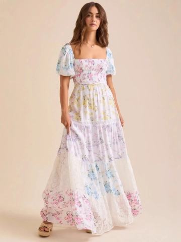 Robe Maxi Fleurie Froncée Pour Femmes Polyester Col Carré Manches Bouffantes Dentelle Patchwork Robe Longue Élégante