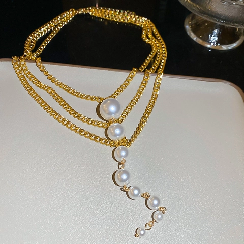 Mehrlagige Künstliche Perlenhalskette Aluminium Legierung Y-Form Lariat Tropfen Imitationsperlen Vintage Elegante Schmuck Frauen