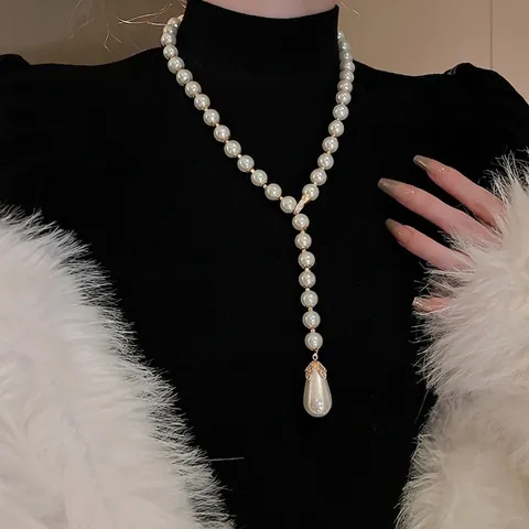 Elegante Collana A Forma Di Y Con Künstliche Perle Sintetiche E Pendente A Goccia Catena Da Maglione In Lega Per Donna