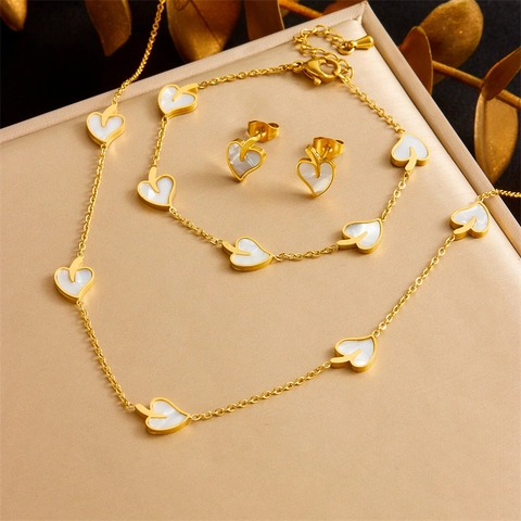 Elegante Blad Hart Ketting Armband Oorknopjes Verguld Roestvrij Staal Witte Schelp Dames Mode Sieraden