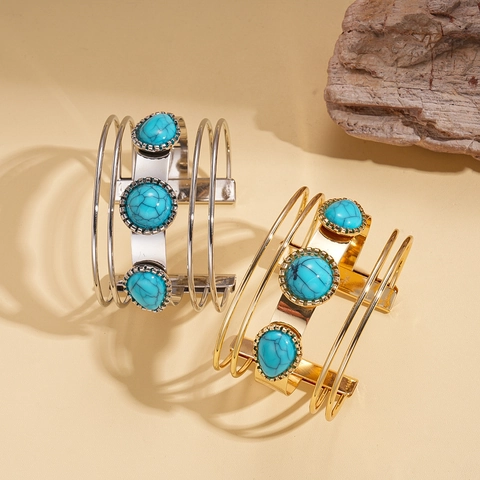 Bracciale Rigido Aperto Multistrato Bohémien In Lega Con Pietre Acriliche Turchesi Rotonde Gioielli Etnici Vintage