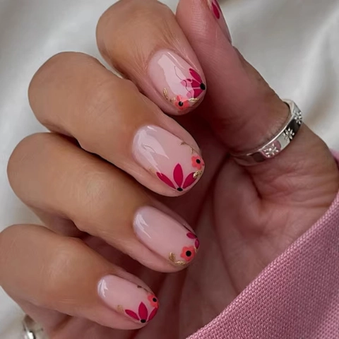 Uñas Postizas Cuadradas Rosadas Brillantes Con Diseño De Flores Rojas Y Pan De Oro Uñas Adhesivas Para Mujeres