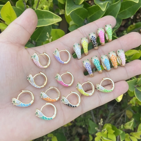 Snake Head Hoop Earrings Copper Gold Plated Enamel Colorful Zirconia Animal Style Jewelry Women Luxury