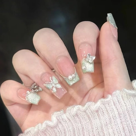 Uñas Postizas de Mariposa Hechas a Mano Degradado Verde Ojo de Gato Lazo Decoración de Perlas Artificiales Estilo Francés Puntas de Uñas Trapecio Largas Accesorios de Manicura Mujer