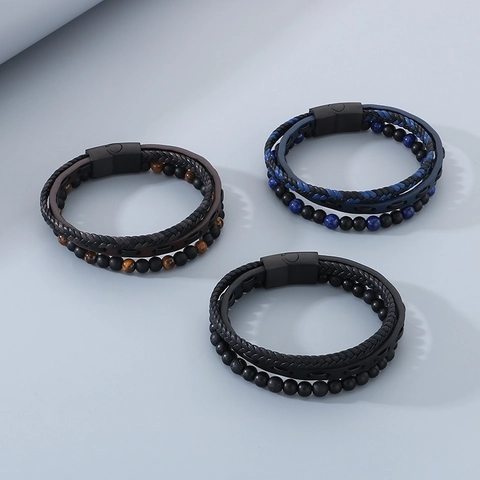 Bracciale Multistrato Da Uomo Pelle Intrecciata Occhio Di Tigre Agata Pietra Naturale Acciaio Inossidabile Chiusura Magnetica