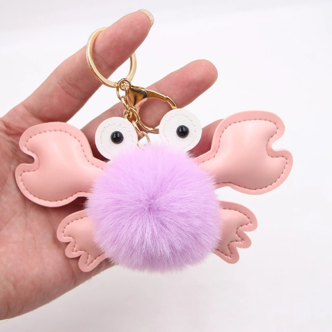 Porte-Clés Crabe Boule De Poils Fausse Fourrure Pendentif En Cuir PU Charme De Sac Dessin Animé Peluche Douce Cadeau Nouveauté