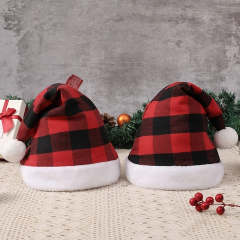 Gorro De Navidad Cuadros Rojo Negro Tela Con Borde De Peluche Pelo Sintético Blanco Adulto Decoración