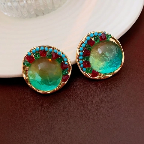Pendientes De Botón Redondos Vintage Aleación Cristal Colorido Con Poste De Plata Estilo Bohemio Para Mujer