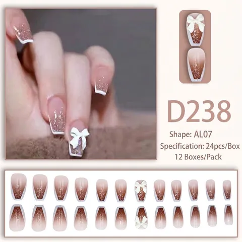 Press On Nails Long Coffin Almond French Tip Gradient With 3D Bow Rhinestone Heart Glitter Decorative Manicure