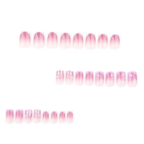 Pink Gradient French Tip Press On Nails Square Short Fake Nails With Glitter And 3D Heart For Women Sweet Style