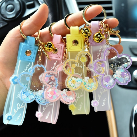 Cartoon Sakura Quicksand Keychain Acrylic Transparent Flower Liquid Floating Bottle Bag Pendant Lucky Strap Gift Women