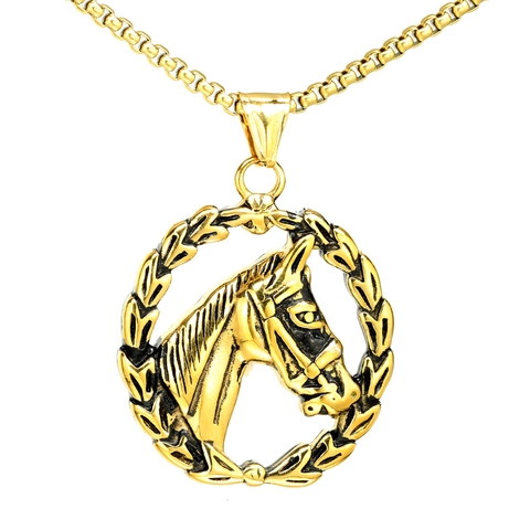 Retro Horse Head Pendant Necklace Stainless Steel Laurel Wreath Circular Charm Jewelry For Men Women Fashion Accessory