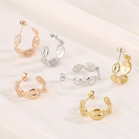Boucles D'Oreilles Créoles En C Cœur Ajouré À La Mode Acier Inoxydable Plaqué Or 18K Maillon Nez De Cochon Pour Femmes