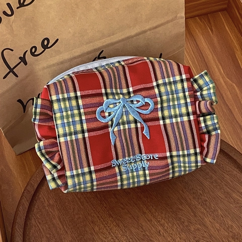 Grazioso Portamonete A Quadretti In Cotone Piccola Borsa Portaoggetti Con Ricamo Fiocco E Volant Per Donna Viaggi