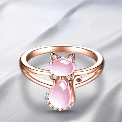 Cute Cat Ring Rose Gold Plated Copper Pink Imitation Moonstone Sparkling Cubic Zirconia Sweet Animal Jewelry For Women