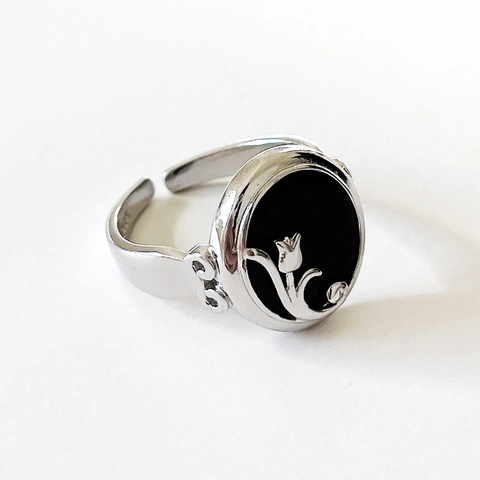 925 Sterling Silver Ring Black Agate Tulip Flower Design Adjustable Open Band Vintage French Style Jewelry For Women