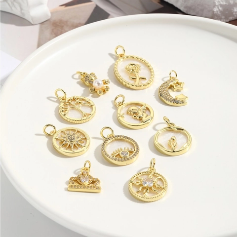 Copper Gold Plated Pendant For Women Rhinestone Artificial Pearl Shell Tree Of Life Angel Evil Eye Crown Star Moon DIY Jewelry Making Pendant