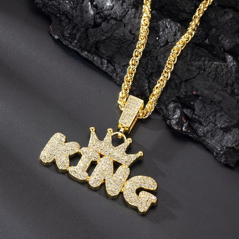 Collana Con Ciondolo Lettera King Corona Hip Hop Da Uomo Gioielli Streetwear In Lega Con Strass Brillanti