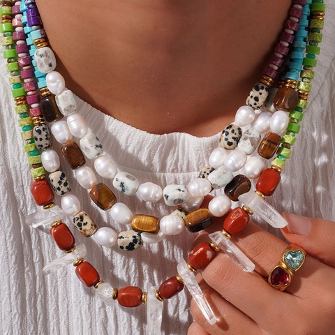 Collana di Perline in Pietra Naturale Bohemienne per Donna Catena in Acciaio Inossidabile Gioielli Etnici Perle Artificiali