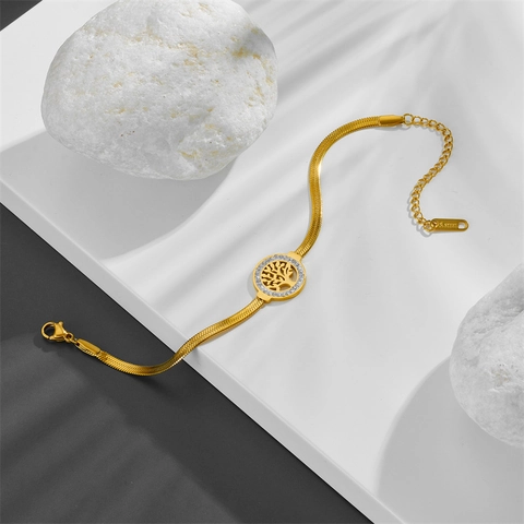 Fashion Tree Of Life Stainless Steel Bracelet For Women Gold Rhinestone Titanium Steel Snake Chain Adjustable Bracelet