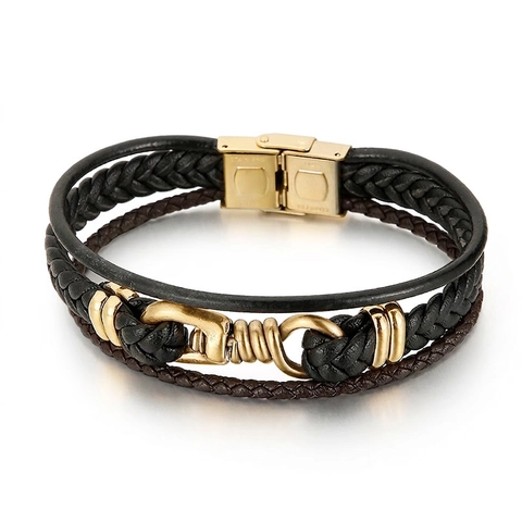 Bracciale Uomo Pelle Intrecciata Multistrato Acciaio Inossidabile Chiusura Magnetica Geometrica Stile Industriale Retro