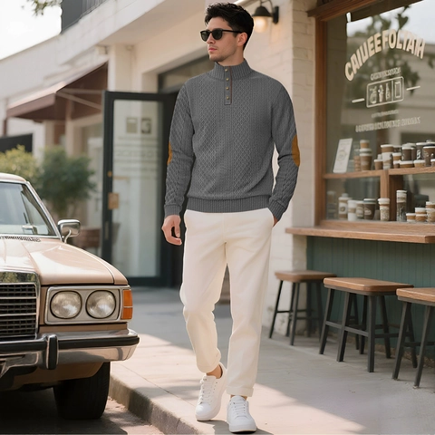 Men Knitted Sweater Stand Collar Button Half Placket Long Sleeve Retro Casual Top With Contrast Elbow Patches Polyester