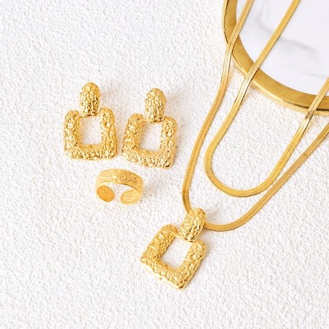 Gold Titanium Steel Hammered Square Pendant Double Layer Snake Chain Necklace Irregular Texture Earrings Open Ring
