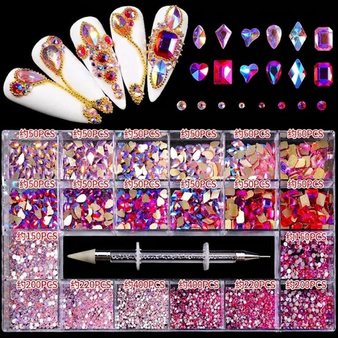 Nail Art Rhinestones Collection Mixed Shapes Flatback Glass Diamonds With Dual-Ended Dotting Pen Professional DIY Decor