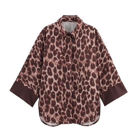Ropa De Casa Con Estampado De Leopardo Camisa Con Botones Y Pantalones De Pierna Ancha Con Cintura Elástica Satén Mujeres