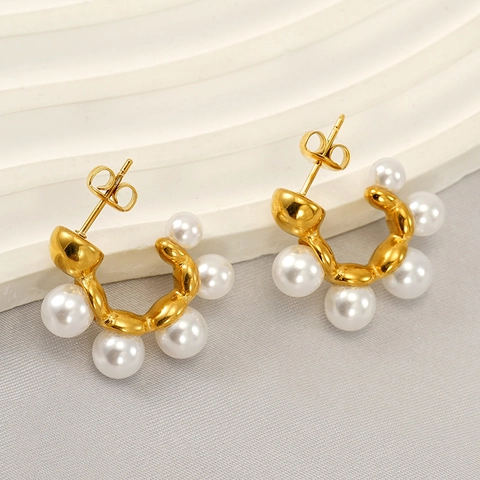Orecchini A Forma Di C In Stile Vintage Francese Acciaio Inossidabile Placcato Oro 18K Perle D'acqua Dolce Da Donna