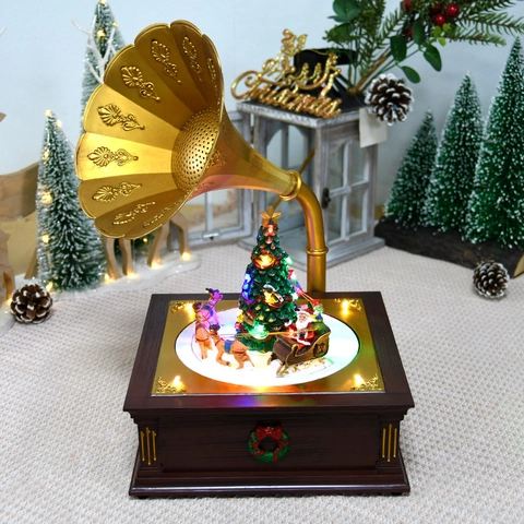 Weihnachten Spieluhr LED Ornament Rotierendes Karussell Vintage Grammophon Harz Tischdeko Europäisch Retro Festlich