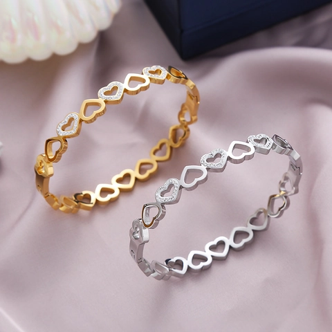 Brazalete De Acero Inoxidable Con Diamantes De Imitación Corazón Hueco Hebilla De Corazón A Corazón Para Mujer Joyería Elegante